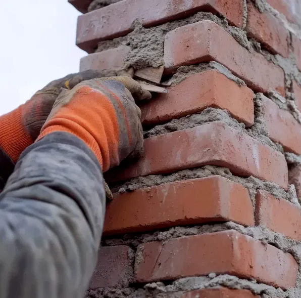 Tuckpointing the brick on a gable-end chimney in Colonial Hills
